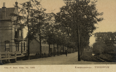 15035 Gezicht in de Koninginnenweg met bebouwing en rijen loofbomen te Vreeswijk uit het westen; met links de ...